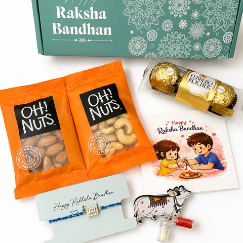 Premium Rakhi Gift Hamper for Brother – Rakhi, Dry Fruits, Chocolates & Greeting Card-FOR USA Shipping