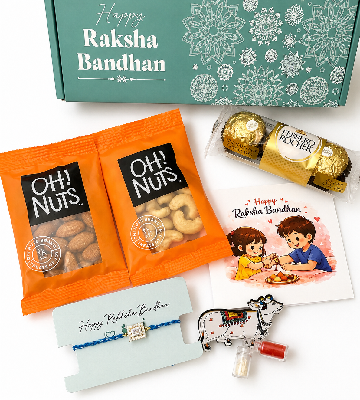 Premium Rakhi Gift Hamper for Brother – Rakhi, Dry Fruits, Chocolates & Greeting Card-FOR USA Shipping