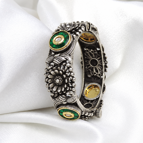 Oxidized Silver Red Stone Floral Cuff Bracelet