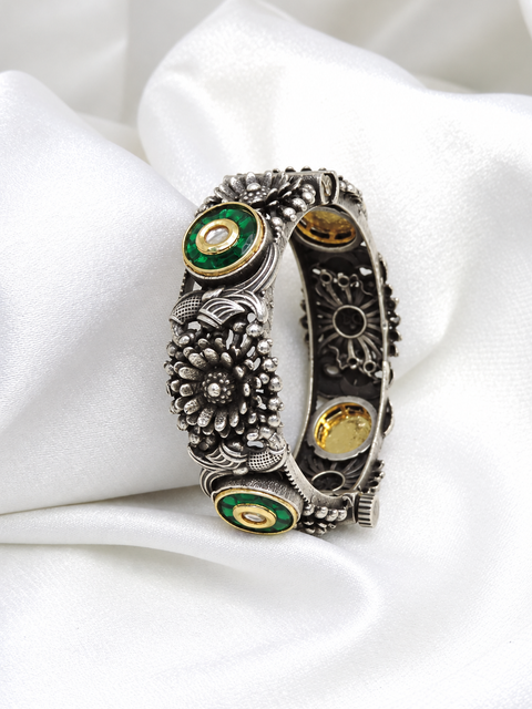 Oxidized Silver Red Stone Floral Cuff Bracelet