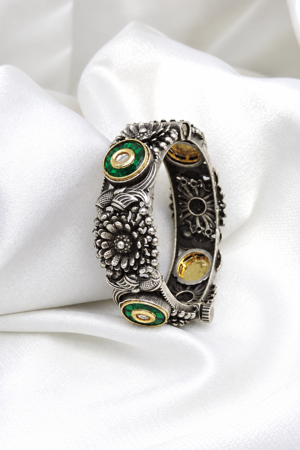 Oxidized Silver Red Stone Floral Cuff Bracelet