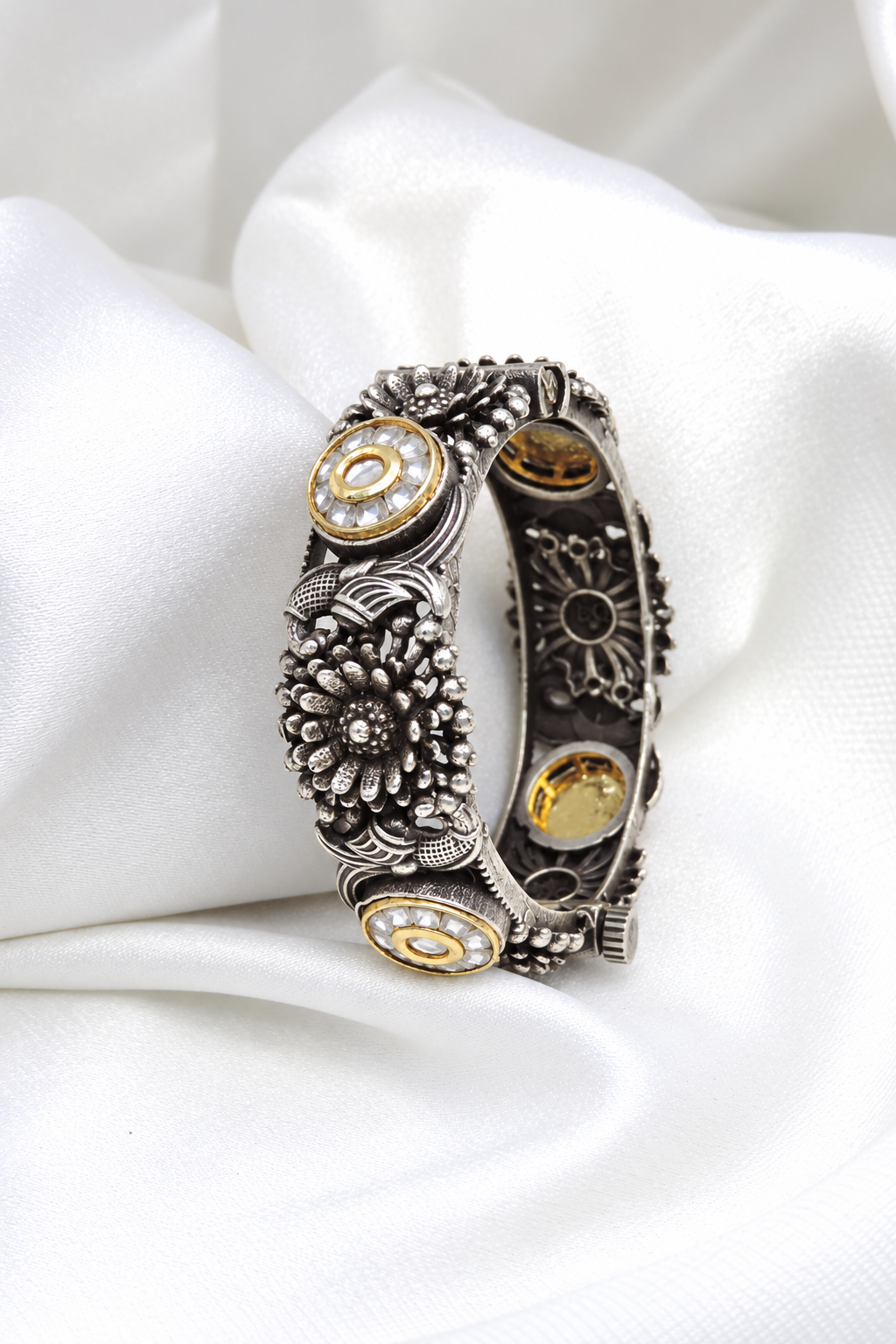 Oxidized Silver Red Stone Floral Cuff Bracelet