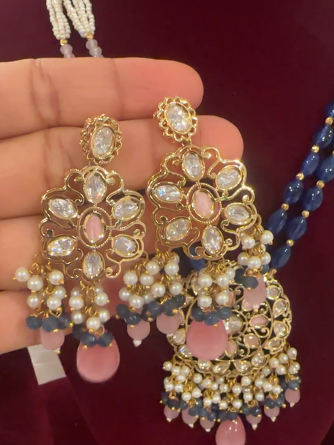 Blush Pink Polki Pearl Statement Earrings with Matching Pendant Set