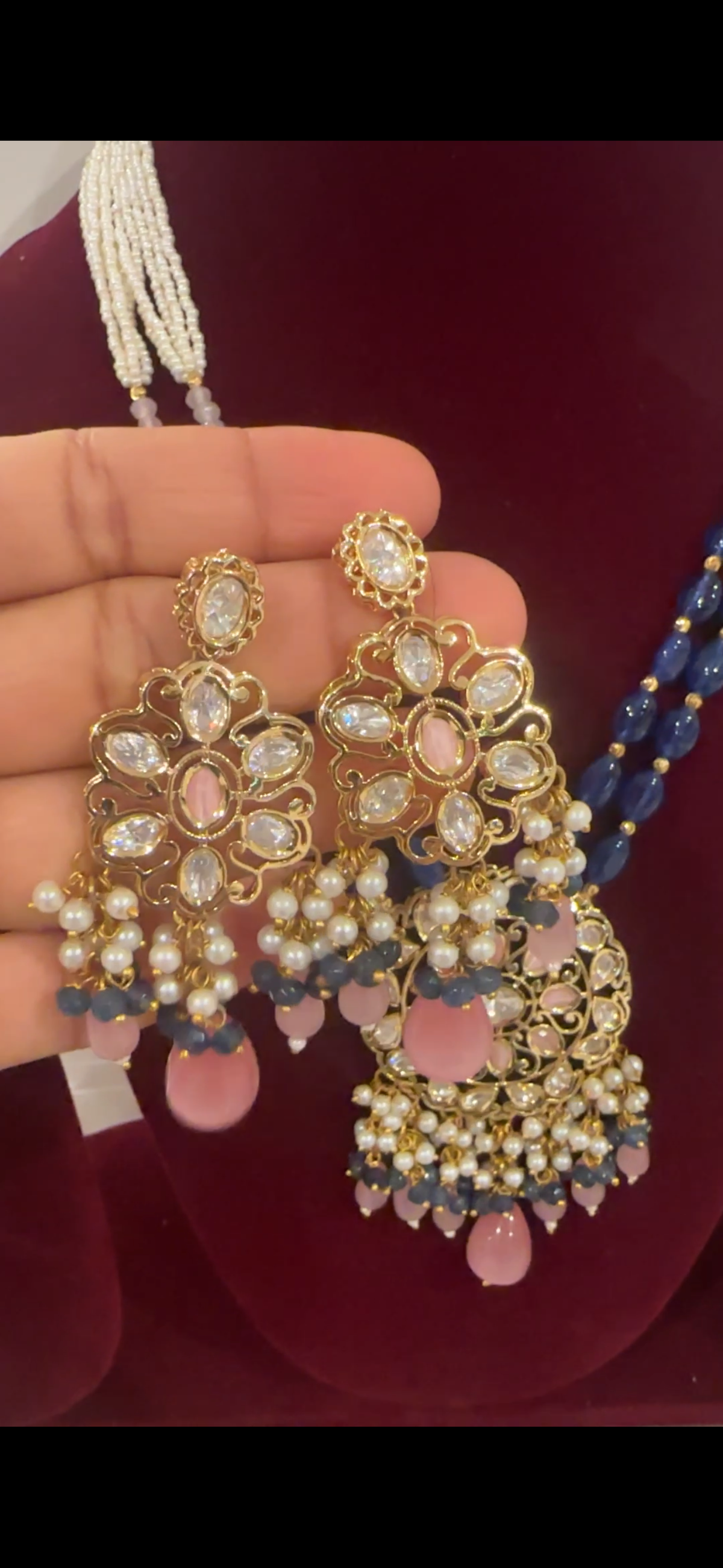 Blush Pink Polki Pearl Statement Earrings with Matching Pendant Set