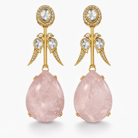 Rose Quartz Statement Drop Earrings in Gold