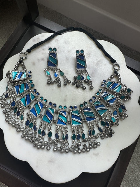 Oxidized silver look-alike choker necklace set with blue & turquoise enamel and matching earrings. Perfect for festive, ethnic, and boho looks. Image 0