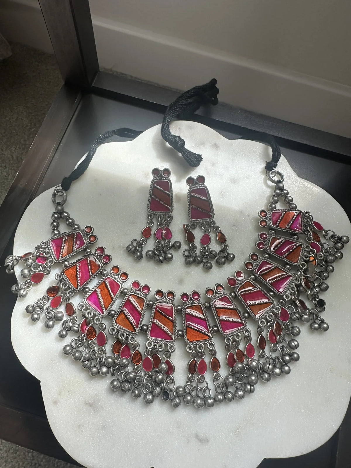 Oxidized silver look-alike choker necklace set with pink and orange enamel – Indian festive jewelry USA – Joyrias