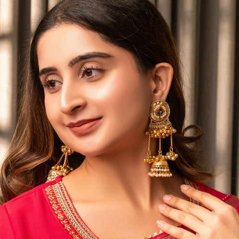 Traditional Gold Jhumka Earrings with Pearl Drops – Festive Indian Jewelry