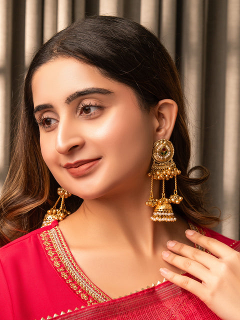 Traditional Gold Jhumka Earrings with Pearl Drops – Festive Indian Jewelry