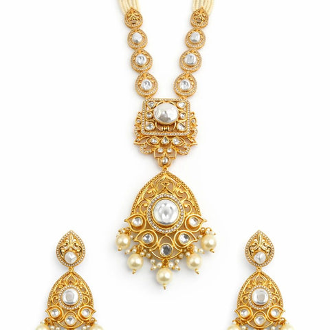 Gold pearl long pendant necklace set with matching drop earrings