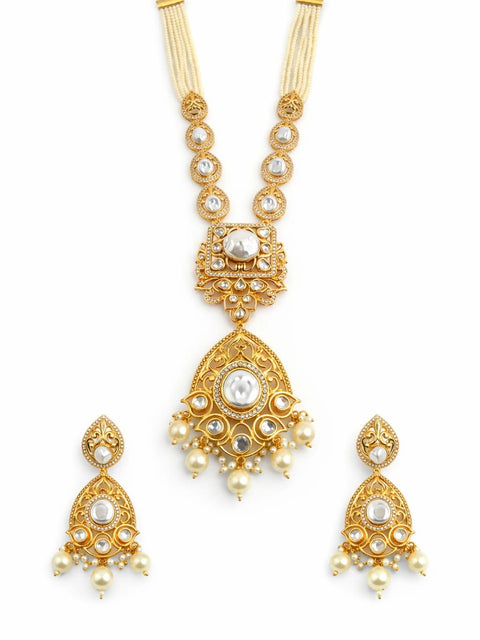 Gold pearl long pendant necklace set with matching drop earrings