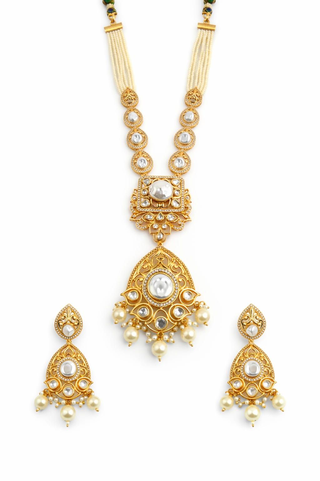 Gold pearl long pendant necklace set with matching drop earrings