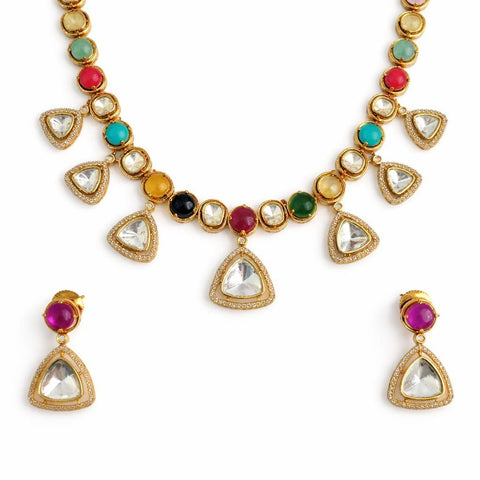 Multicolor kundan necklace set with triangle drop pendants and matching earrings