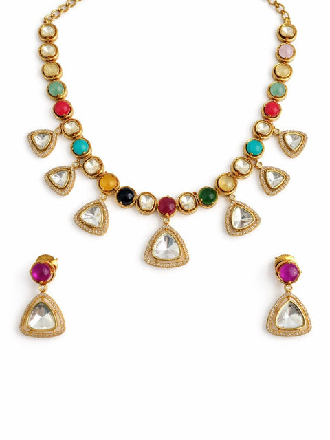 Multicolor kundan necklace set with triangle drop pendants and matching earrings