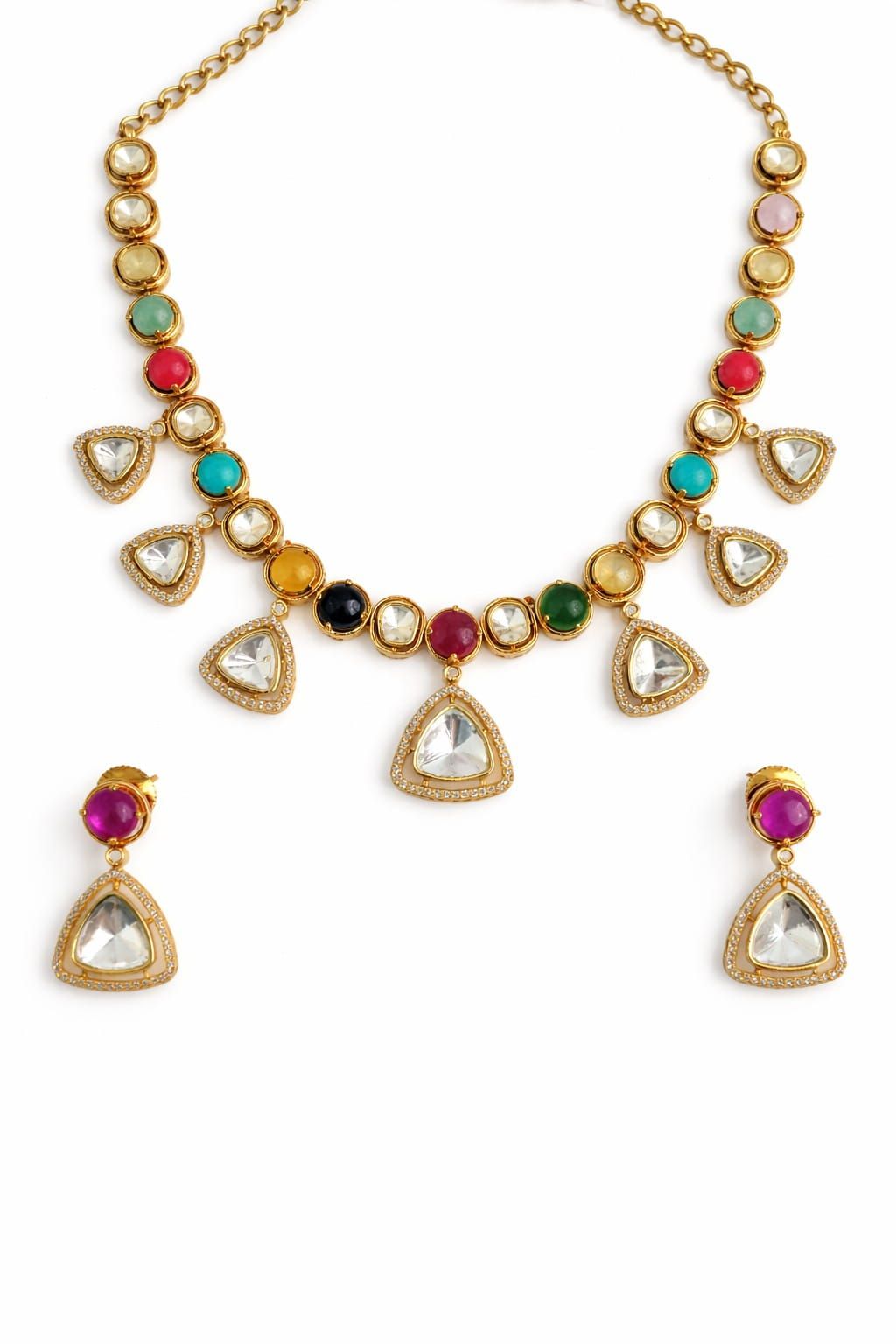 Multicolor kundan necklace set with triangle drop pendants and matching earrings