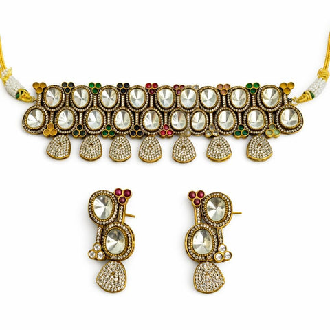 Multicolor Moissanite Polki Choker Necklace Set – Gold Plated Bridal Jewelry