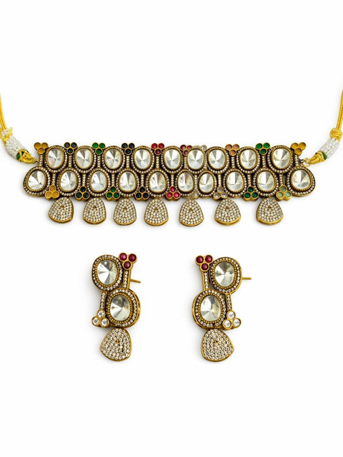 Multicolor Moissanite Polki Choker Necklace Set – Gold Plated Bridal Jewelry