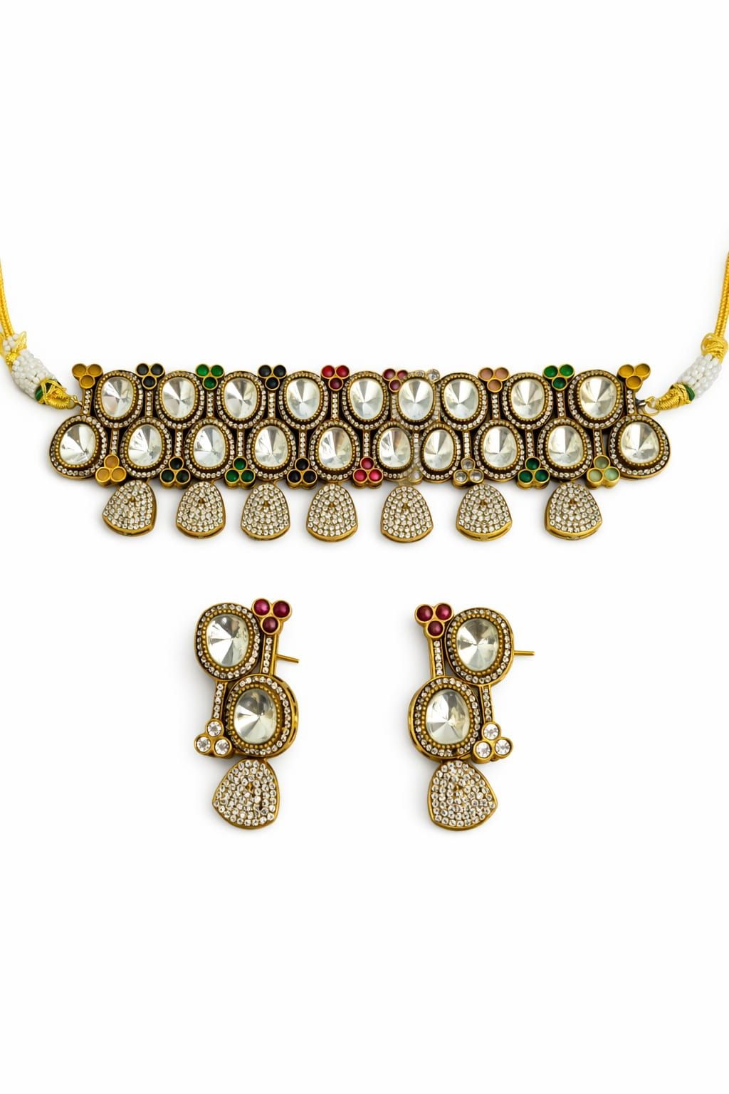 Multicolor Moissanite Polki Choker Necklace Set – Gold Plated Bridal Jewelry