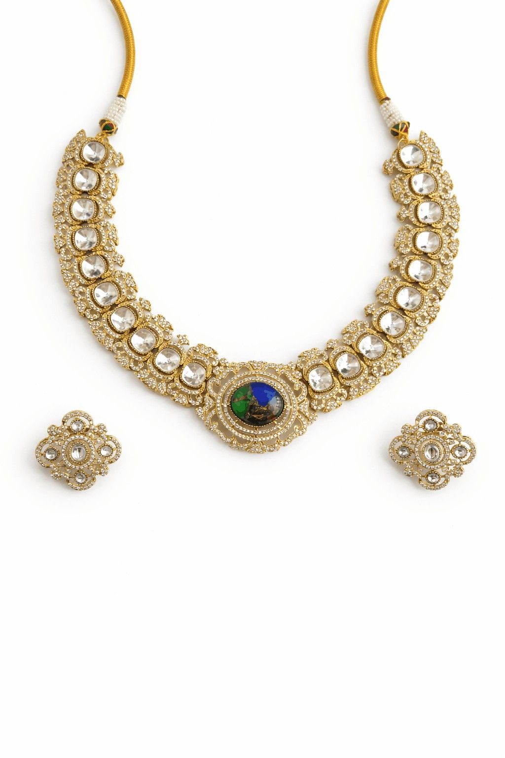 Royal gold polki necklace set with matching studs