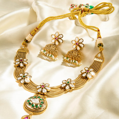 Traditional Kundan Floral Pendant Necklace Set with Jhumka Earrings – Indian Jewelry
