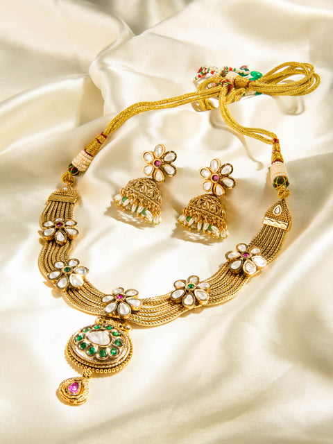 Traditional Kundan Floral Pendant Necklace Set with Jhumka Earrings – Indian Jewelry