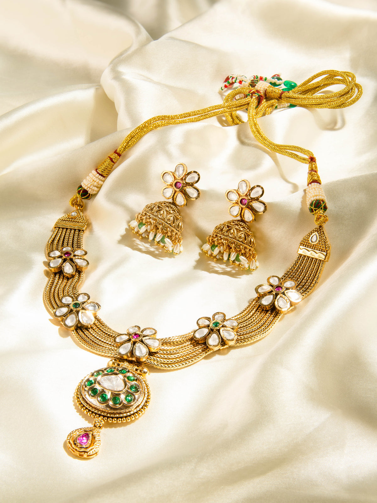 Traditional Kundan Floral Pendant Necklace Set with Jhumka Earrings – Indian Jewelry