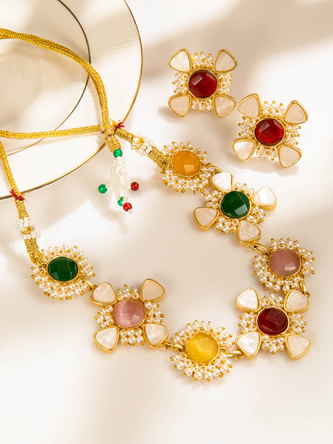 Floral necklace set with pearl detailing and multicolor stones with matching stud earrings
