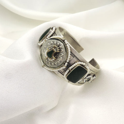 Oxidized Silver Green Stone Statement Cuff Bracelet