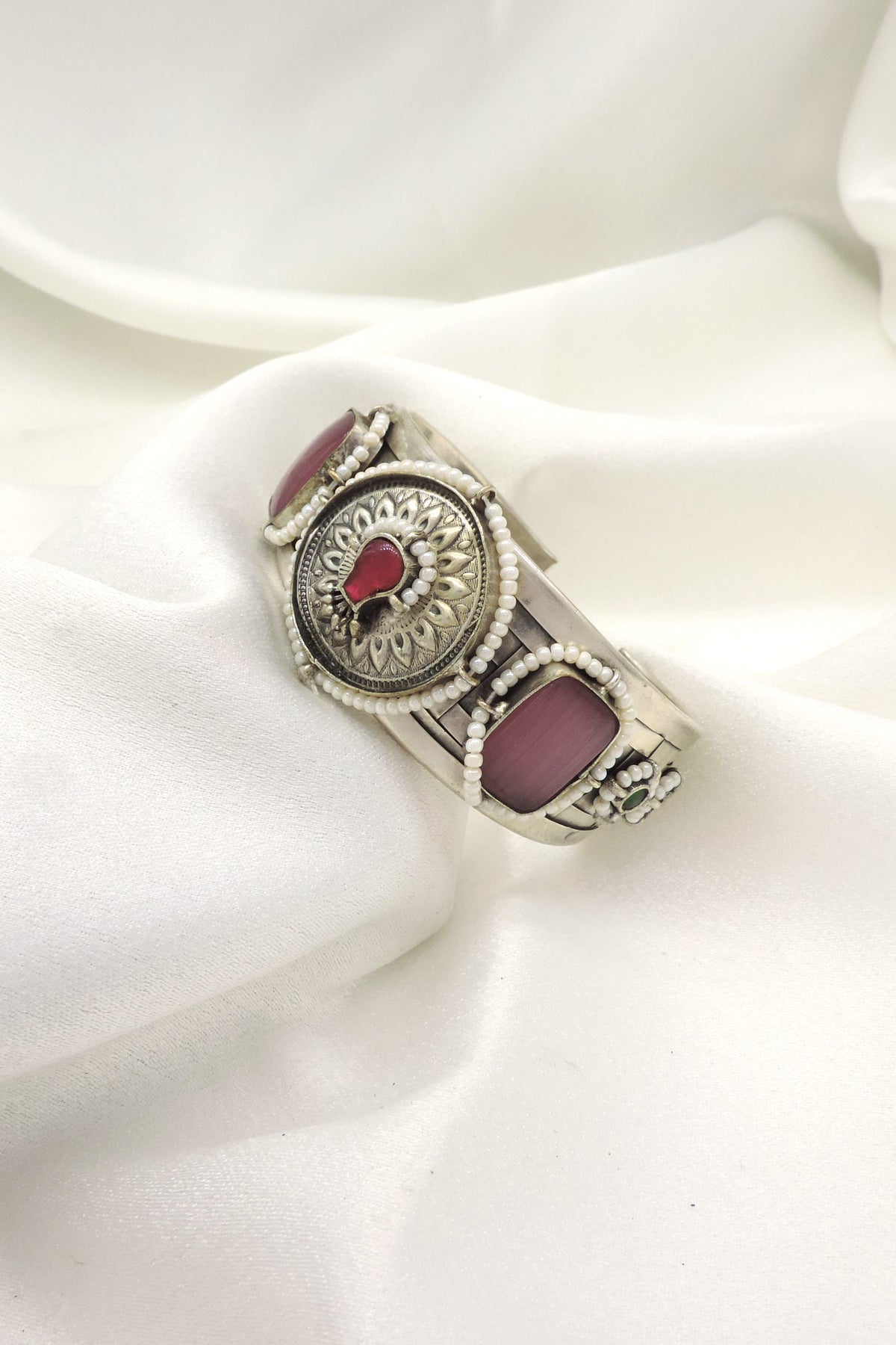 Oxidized Silver Pink Stone Statement Cuff Bracelet