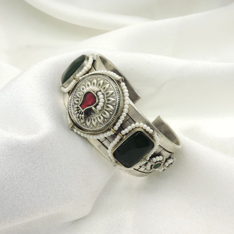 Oxidized Silver Red & Black Stone Statement Cuff Bracelet
