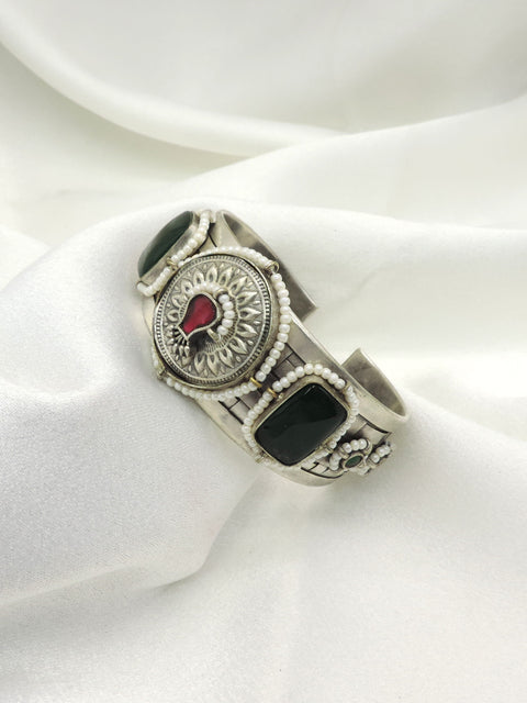 Oxidized Silver Red & Black Stone Statement Cuff Bracelet