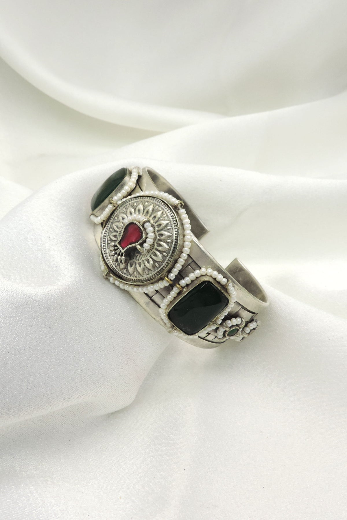 Oxidized Silver Red & Black Stone Statement Cuff Bracelet