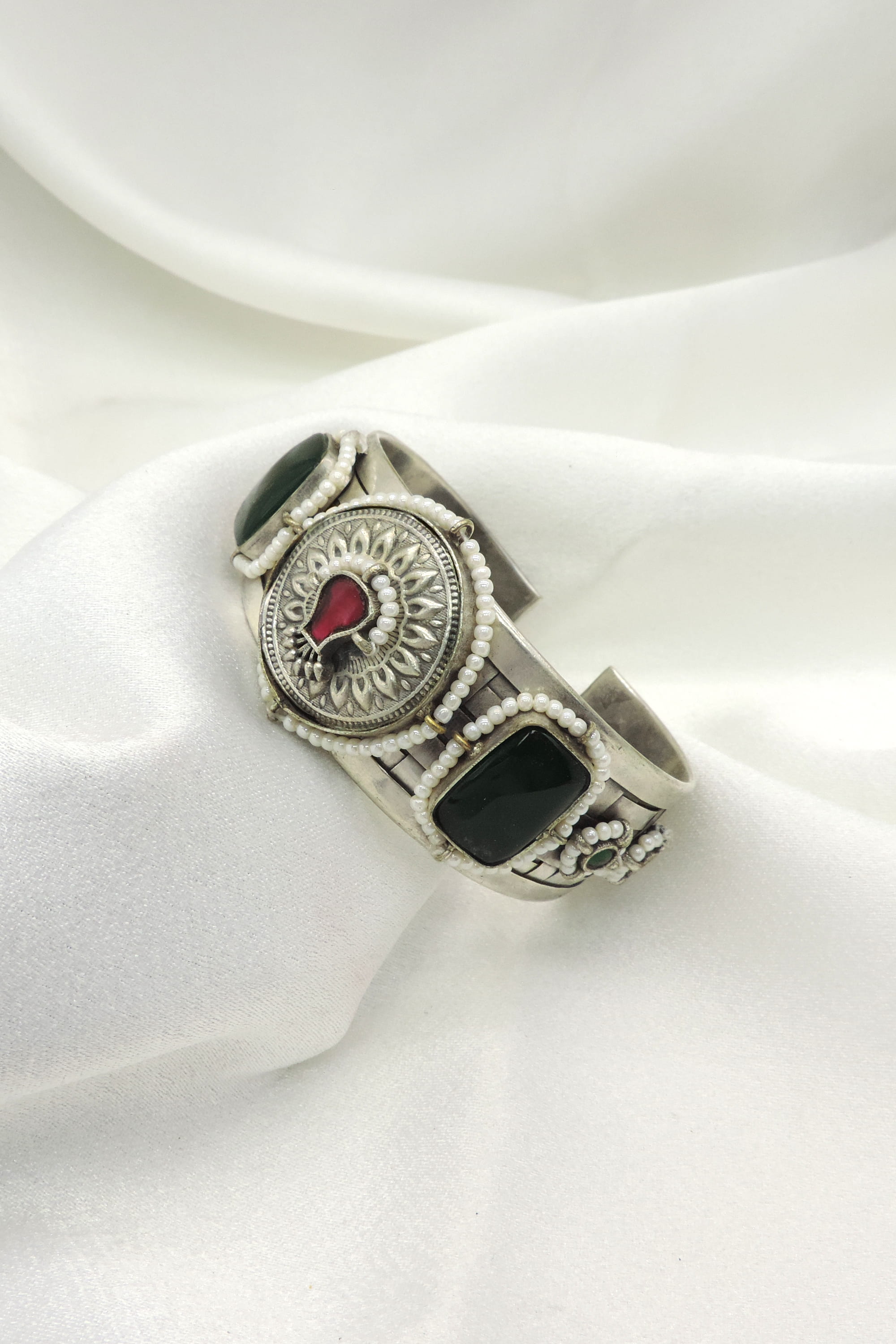 Oxidized Silver Red & Black Stone Statement Cuff Bracelet