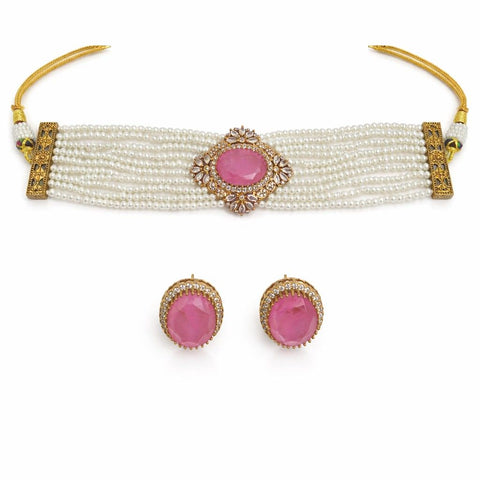 Pink Stone Pearl Choker Set