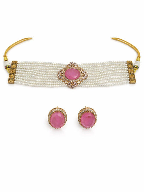 Pink Stone Pearl Choker Set
