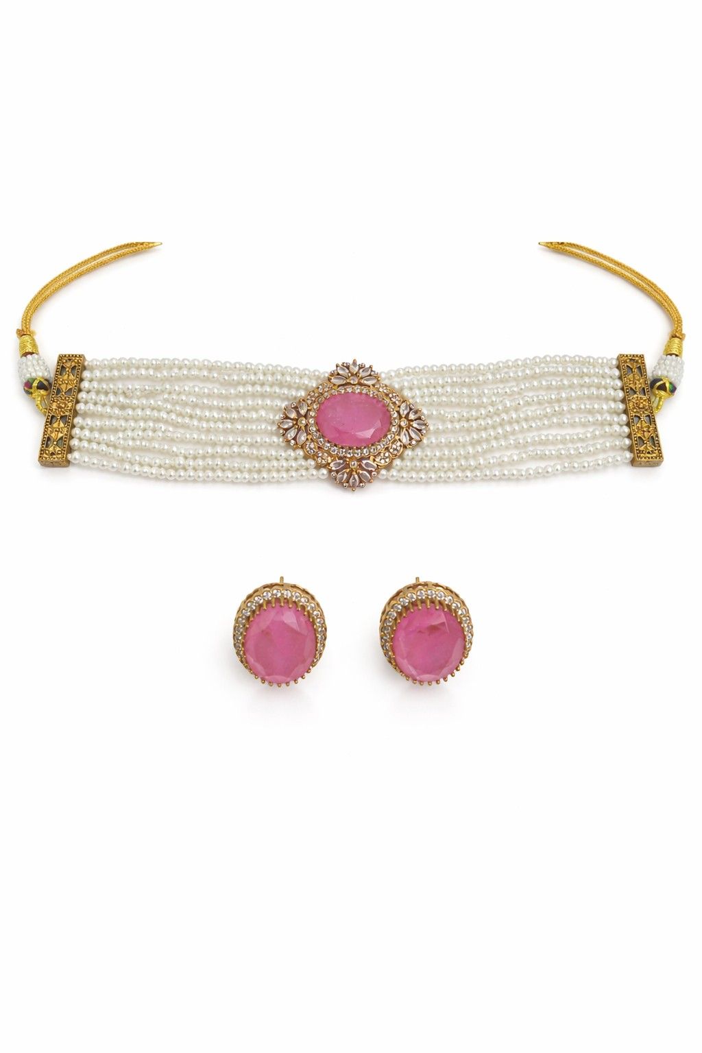 Pink Stone Pearl Choker Set