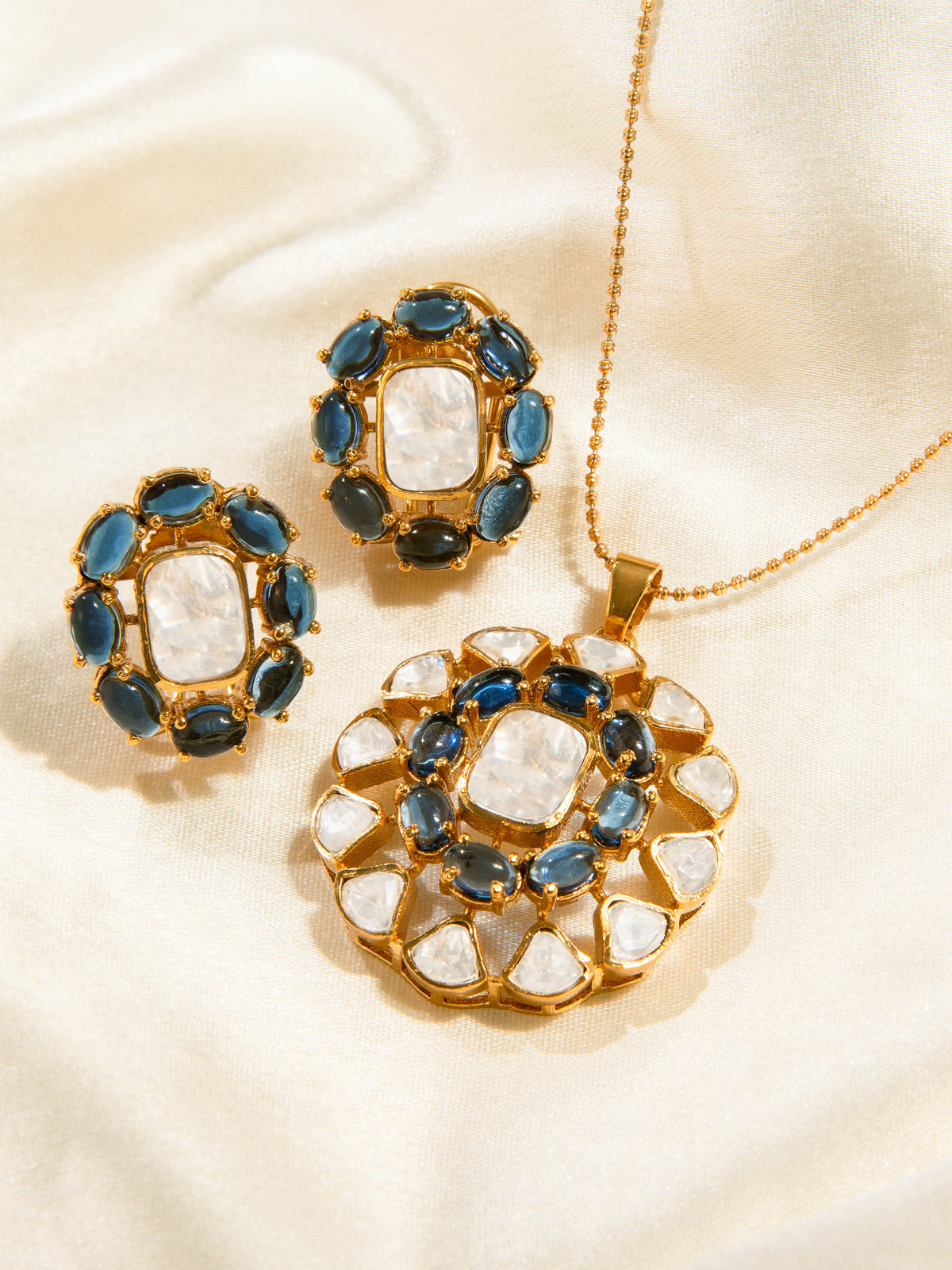 Blue Sapphire & Kundan Inspired Pendant Set