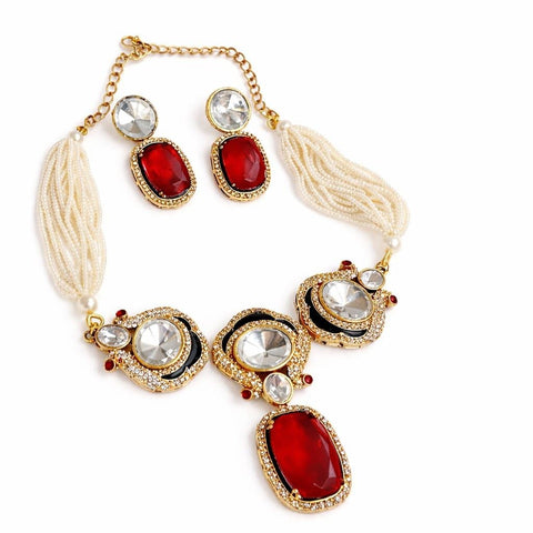 Red doublet stone pearl choker necklace set with matching drop earrings