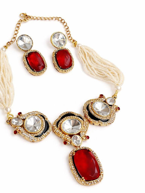 Red doublet stone pearl choker necklace set with matching drop earrings