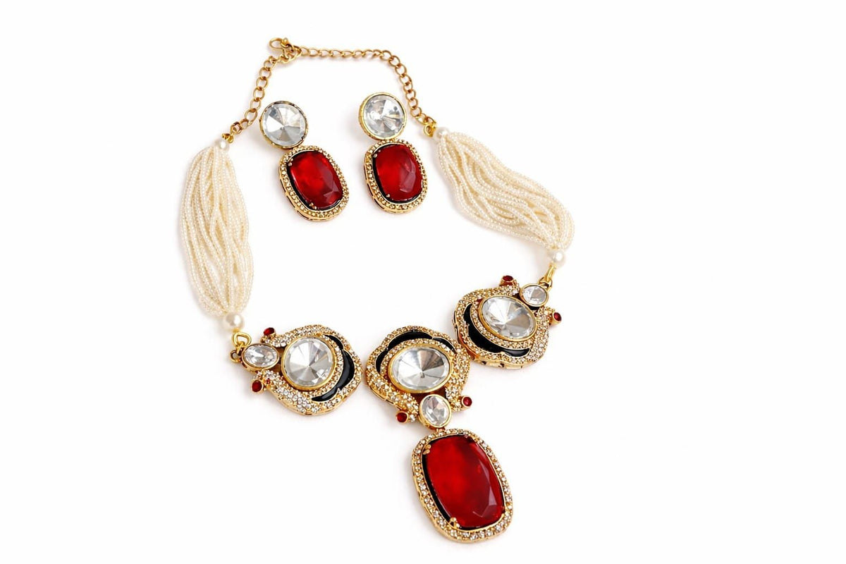 Red doublet stone pearl choker necklace set with matching drop earrings