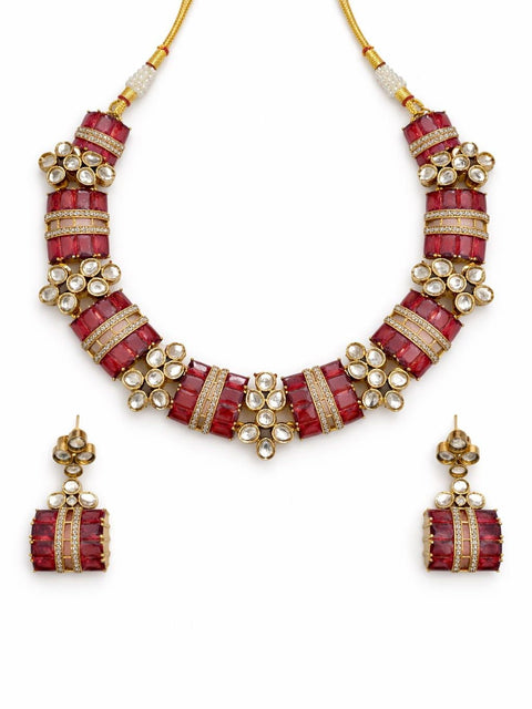 Ruby Red Stone Polki Statement Necklace Set – Gold Plated Bridal Jewelry