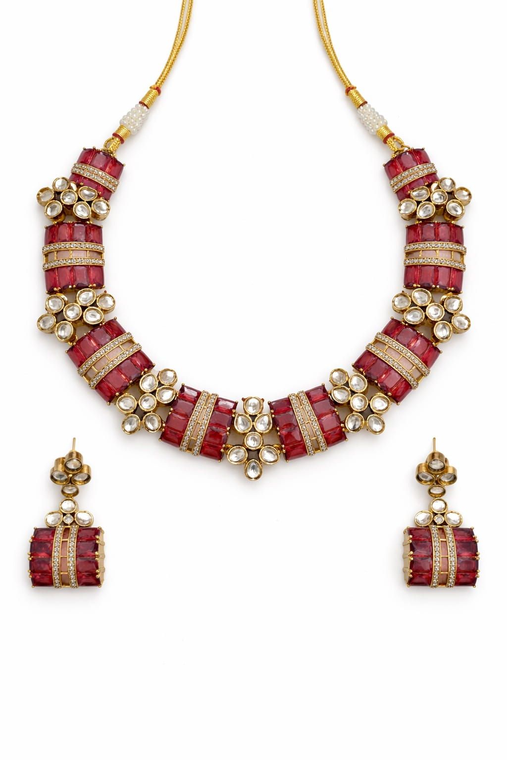 Ruby Red Stone Polki Statement Necklace Set – Gold Plated Bridal Jewelry