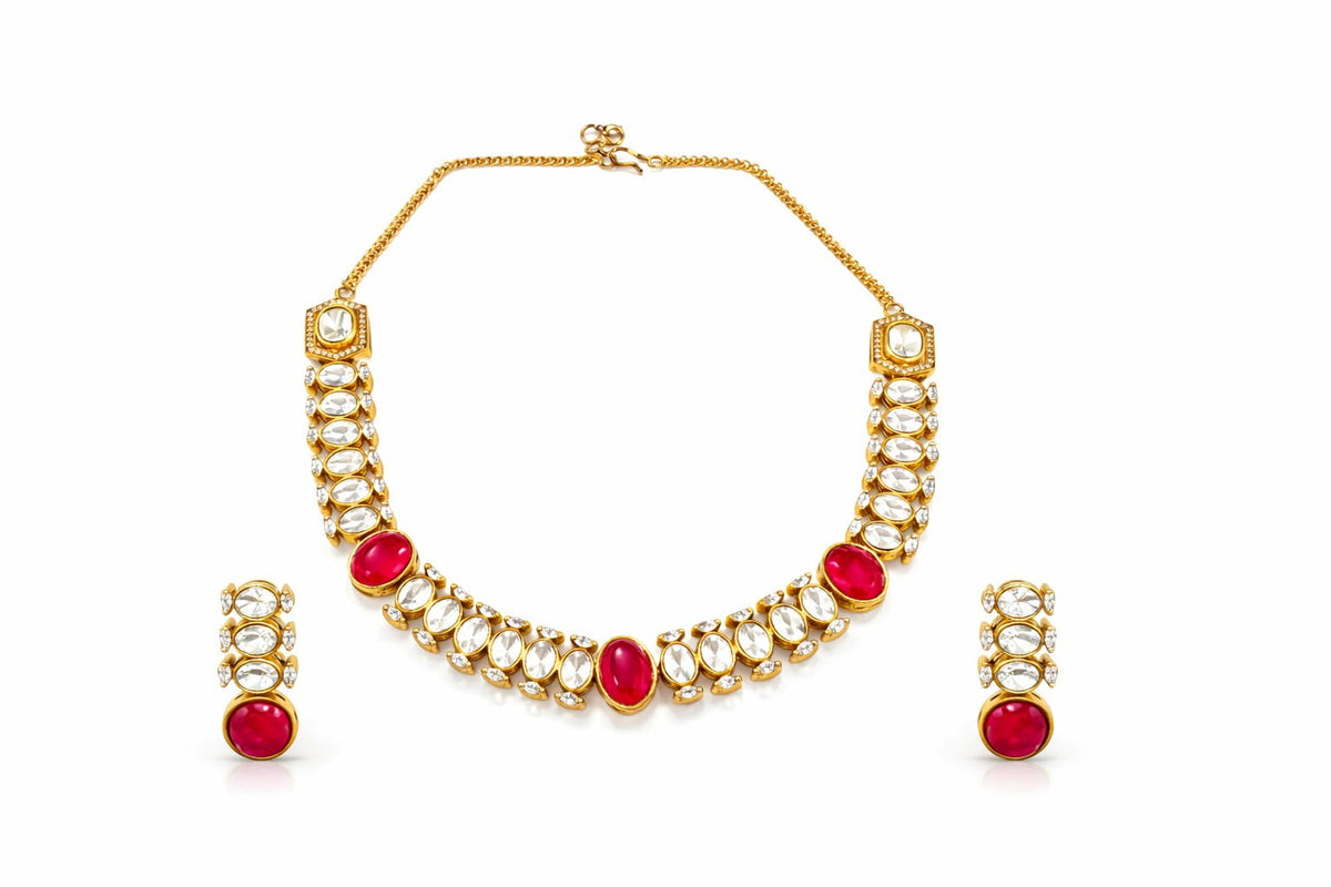 Emerald Green Moissanite Kundan Necklace Set