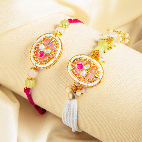 Pink Kundan Bhaiya Bhabhi Rakhi Set by Joyrias
