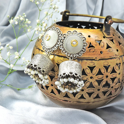 Blue Stone Oxidized Jhumka Earrings with Pearl Drops