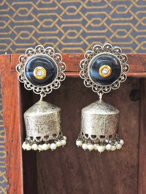 Black Stone Oxidized Jhumka Earrings with Pearl Drops