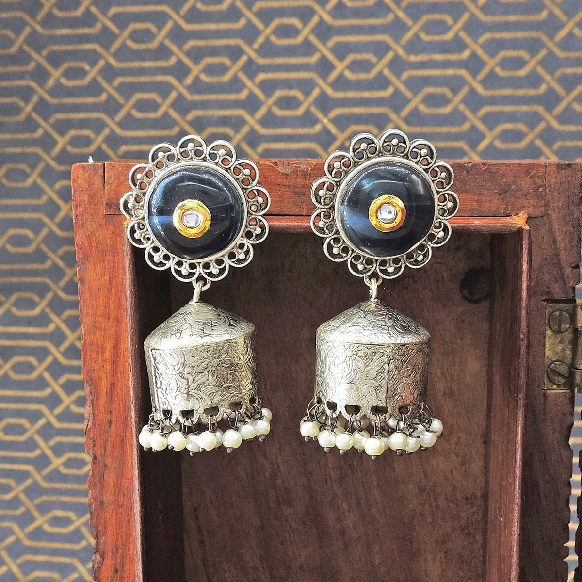 Black Stone Oxidized Jhumka Earrings with Pearl Drops