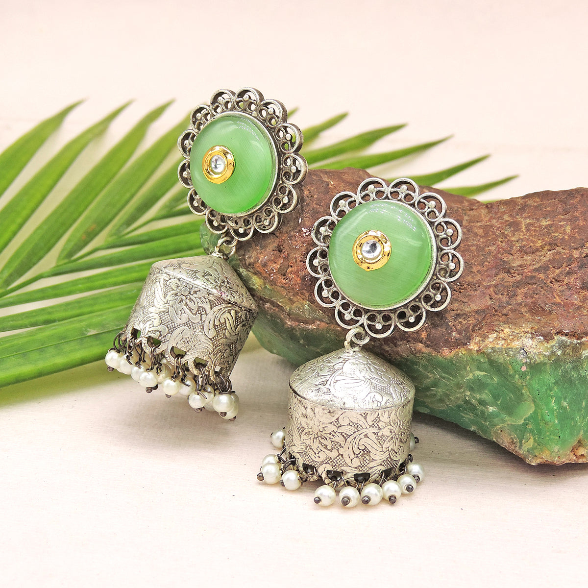 Blue Stone Oxidized Jhumka Earrings with Pearl Drops