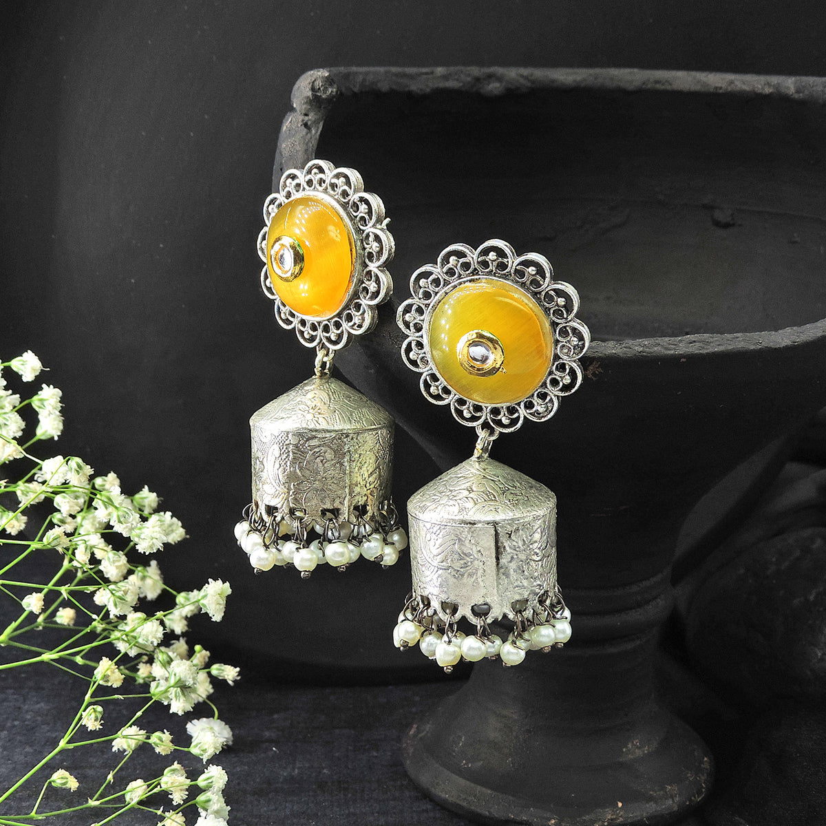 Blue Stone Oxidized Jhumka Earrings with Pearl Drops
