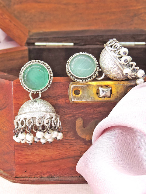 Red Stone Oxidized Jhumka Earrings with Pearl Drops